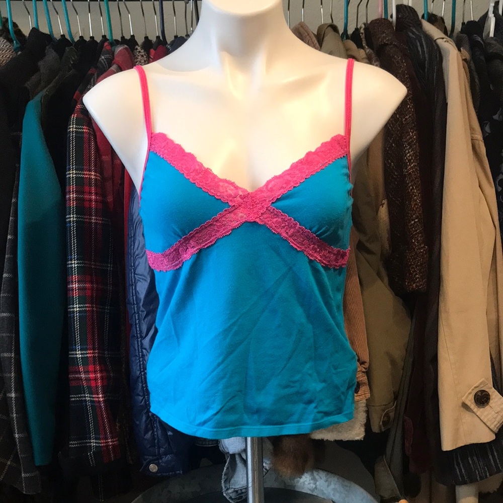 Vintage Y2K 2004 Victoria’s Secret Pink Blue and Pink Lace Trim Cami Top